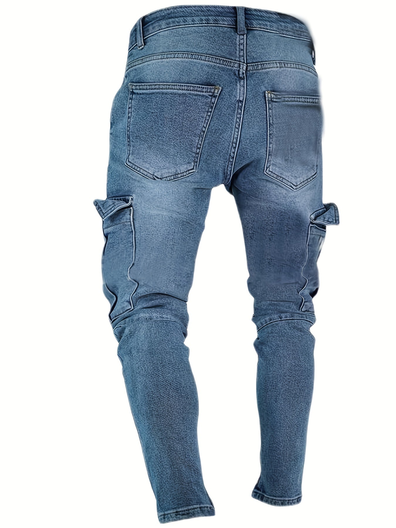 Slim Fit Flap Pocket Cargo Jeans, Men's Casual Solid Color Slightly Stretch Multi Pocket Denim Pants For Spring Summer