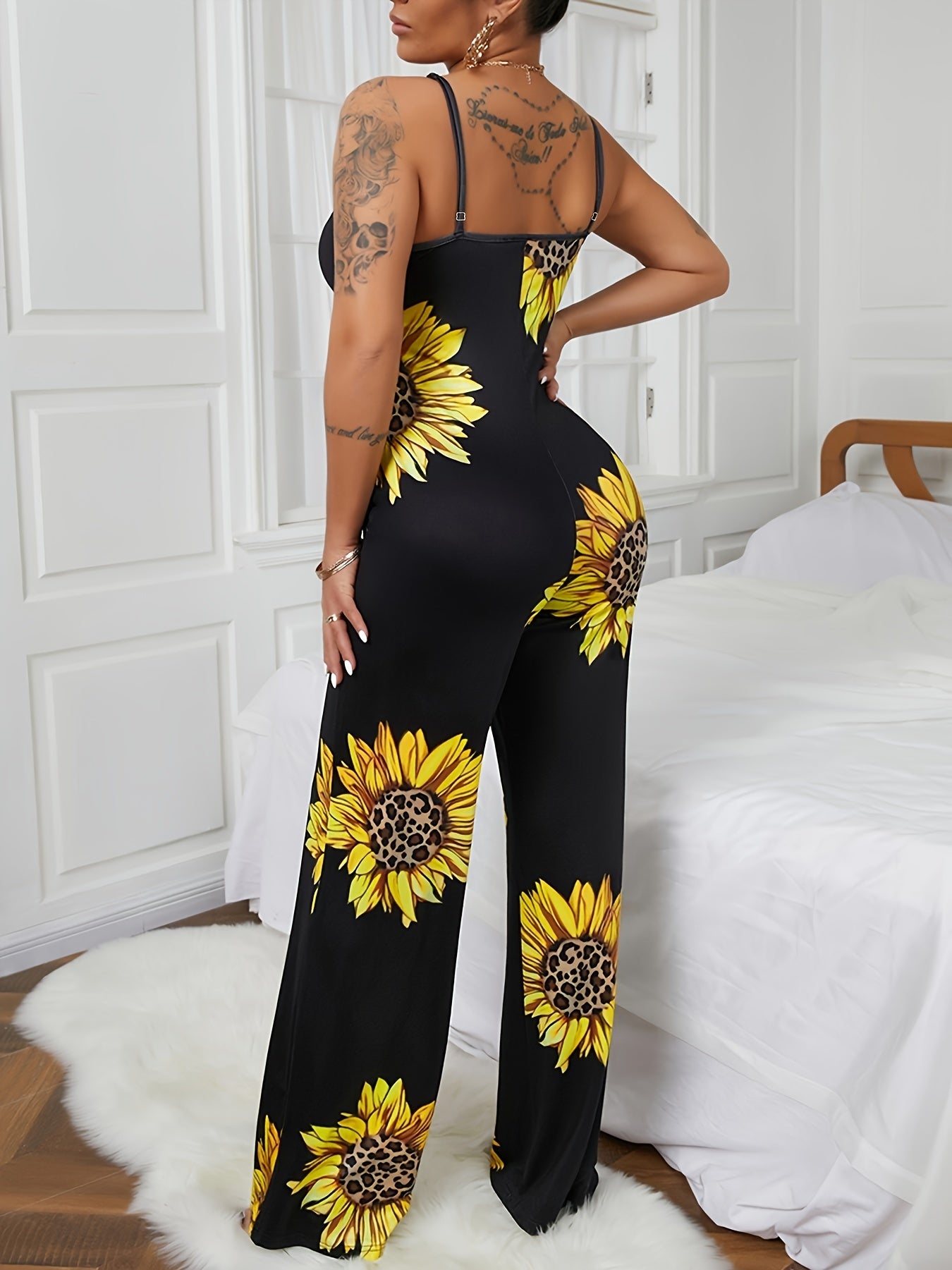 Sunflower Print Cami Jumpsuit, Casual Sleeveless Jumpsuit For Spring & Summer, Women's Clothing