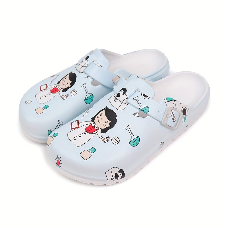 Women's Cartoon Nurse Print Clogs, Lightweight Non Slip EVA Garden Shoes, Outdoor Beach Slide Sandals in holiday