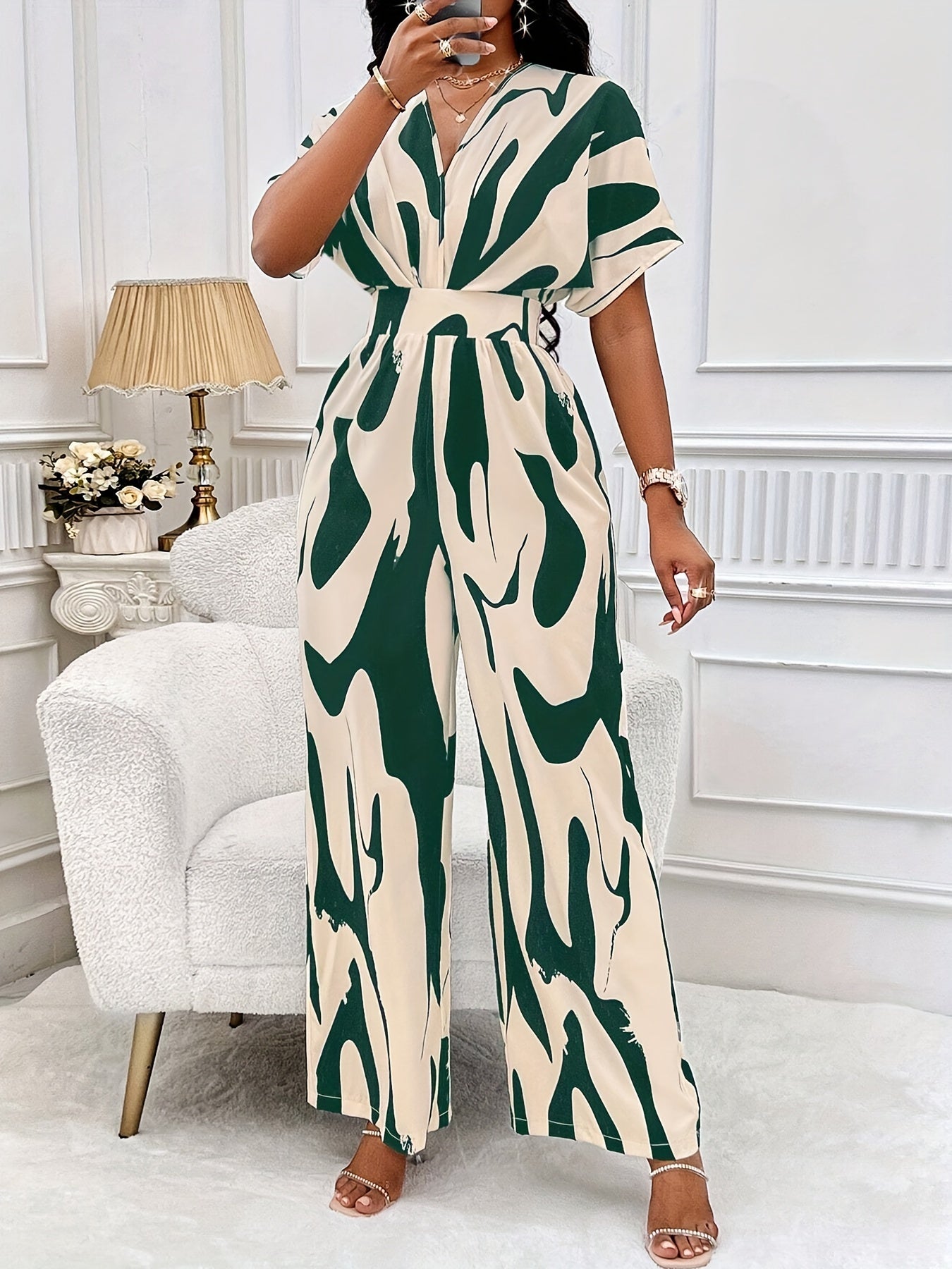 Graphic Print Shirred Waist Jumpsuit, Elegante Jumpsuit A Gamba Dritta Con Scollatura A V Per Primavera Ed Estate, Abbigliamento Da Donna