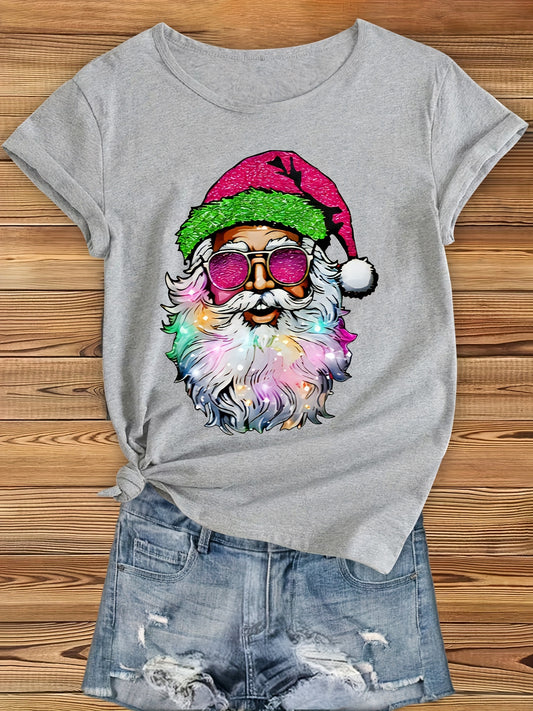 Christmas Santa Claus Print T-shirt, Casual Crew Neck Short Sleeve Daily Top, Women's Clothing