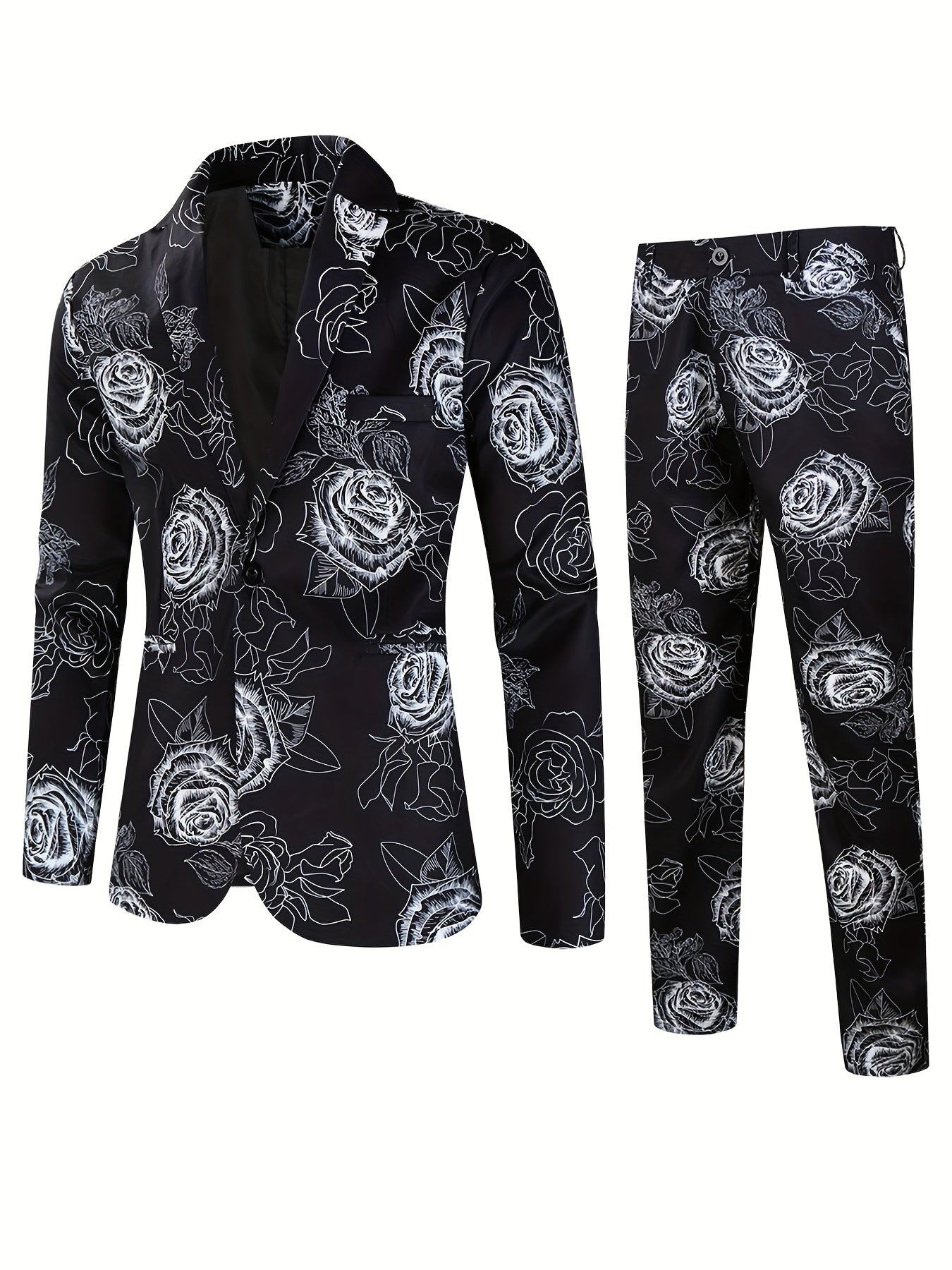 Rose Full Body Print, Men's Business Suit, Trendy Suit Jacket And Formal Business Trousers