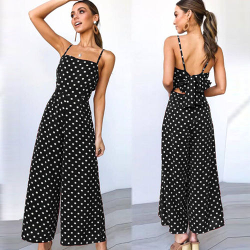 Elegant Sexy Jumpsuits Women Sleeveless Polka Dots Loose Baggy Pants Rompers Bow Backless Bodysuits Jumpsuits