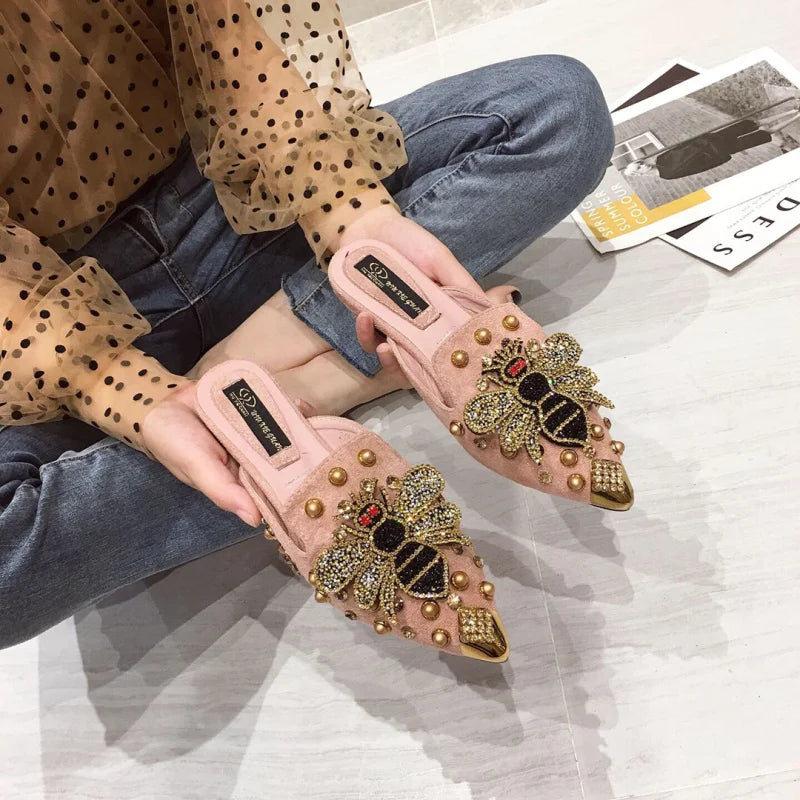 Pointed Rhinestone Rivet Flat Women Slippers 2021 Slip-On Mules Loafer Sandals Slides Beach Ladies Shoes Metal Bee Suede Females