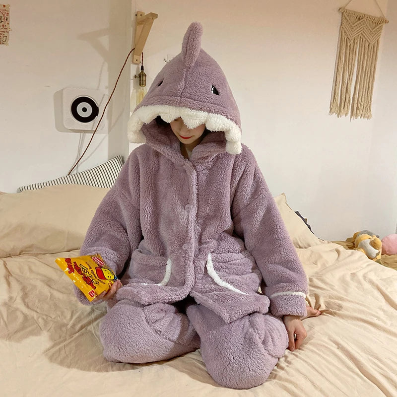 Autumn Winter Women Cute Pajamas Sets Cartoon Shark Hooded Sleepwear Coral Fleece Lady Home Clothes Female Sweet Warm Pyjamas