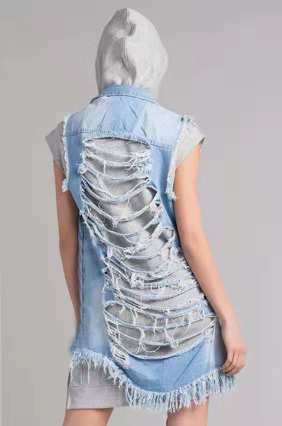 J&H fashion stylish sleeveless chaqueta denim jacket women ripped blue jean jacket coat plus size