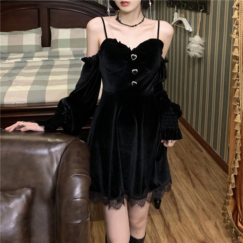 Goth Black Velvet Off-Shoulder Mini Dress