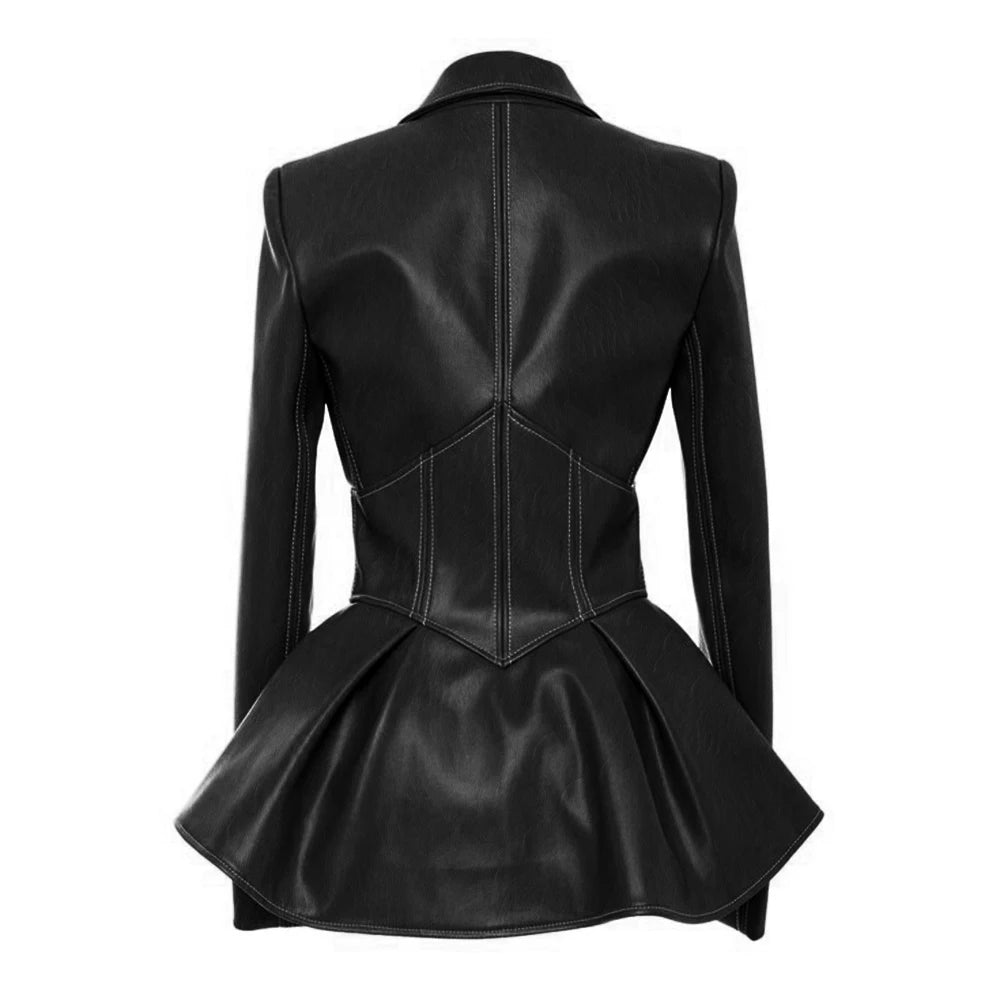 QUEENUS Faux Leather Women PU Jacket Coat Black Gothic Fashion Pleated V-neck 2021 Spring Female Plus Size