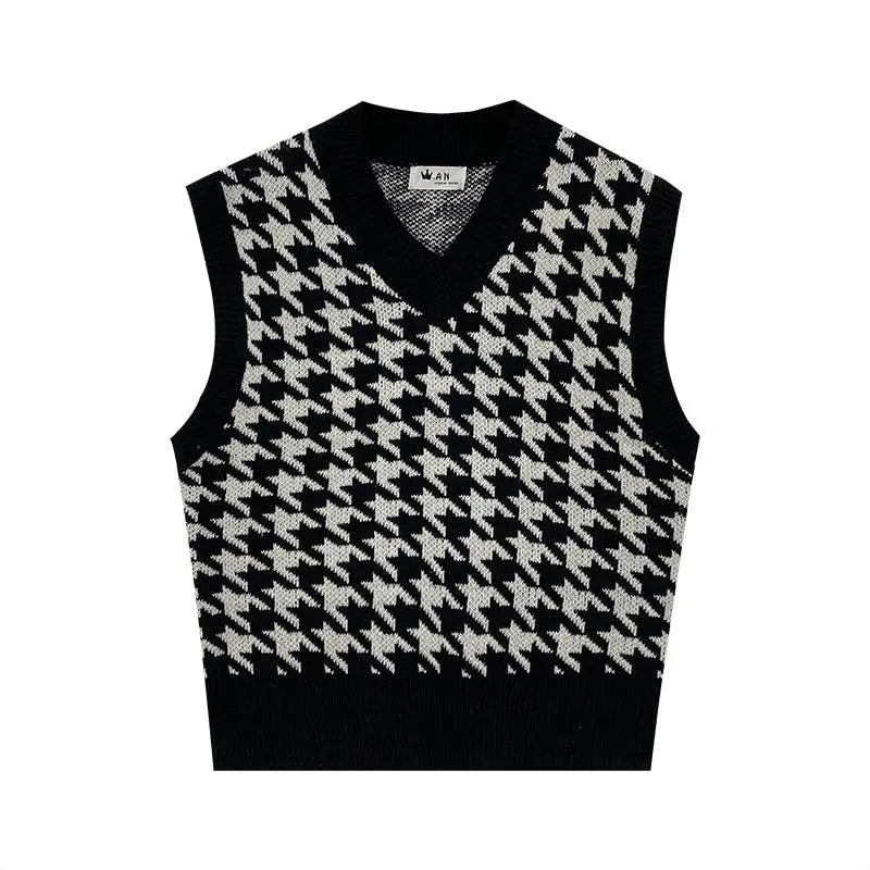 Hnewly Women Sweater Vest Autumn Houndstooth Plaid V-neck Sleeveless Knitted Vintage Loose Oversized Female Sweater Vest Women Clothing