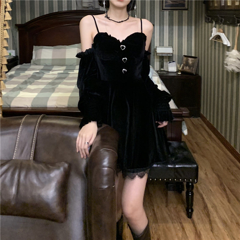 Goth Black Velvet Off-Shoulder Mini Dress