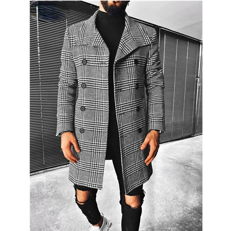 Fashion Men Coat Autumn Winter New Fashion Plaid Double Breasted Lapel Coat Mid-long Coat Men Chic Wool Blends Winter Coat Men