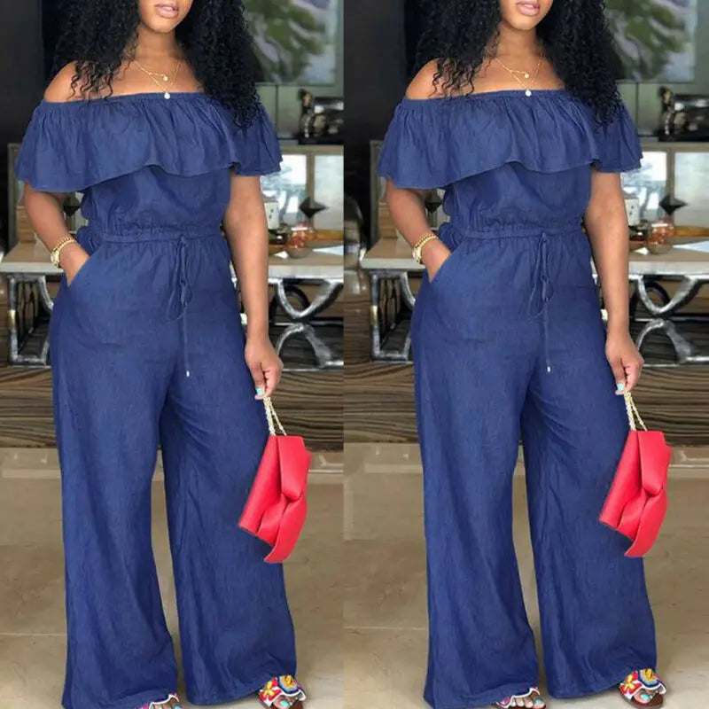 2021 Spring Sumeer Boho Fashion Casual Women Solid Off Shoulder Long Romper Jumpsuit Bodysuit Overall Wide Legs