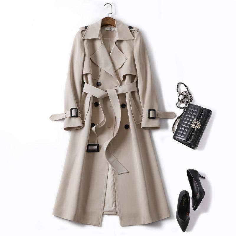 Women&#39;s Double-Breasted Long Trench Coat Plain Coat Belt elegant Korean Temperament Coat 2021 Autumn Elegant Big Name traf