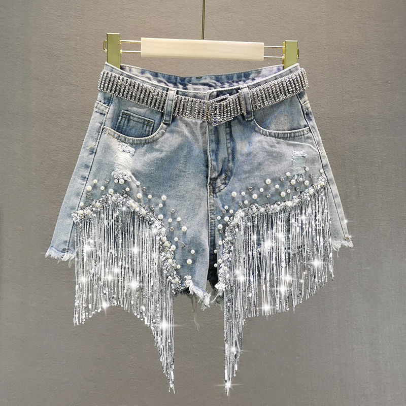 Sparkling Tassel Beaded Denim Shorts