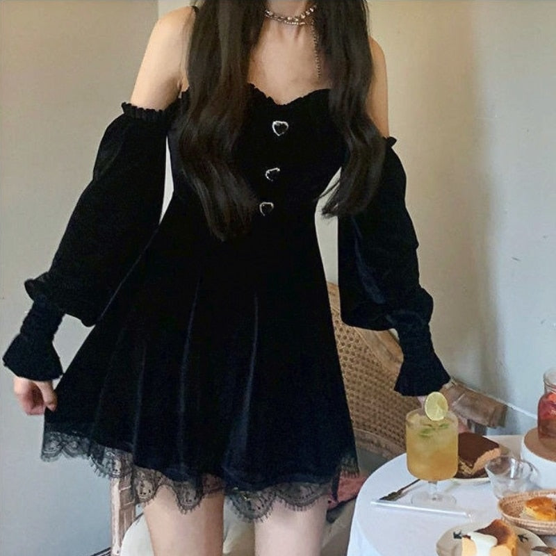 Goth Black Velvet Off-Shoulder Mini Dress