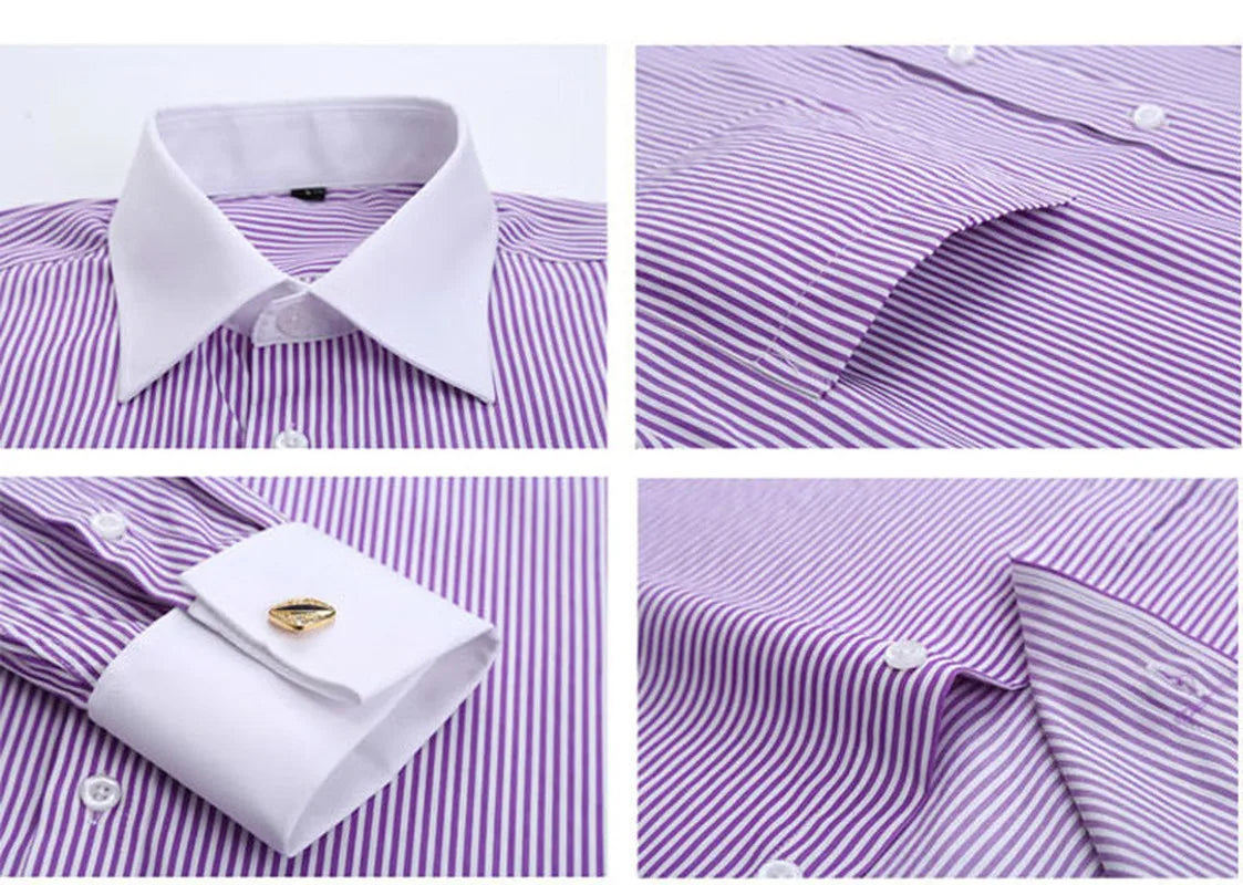 Quality & Gentle Formal Mens French Cuff Dress Shirt Men Long Sleeve Solid Striped Style Men's Shirts Cufflink Include Plus Size