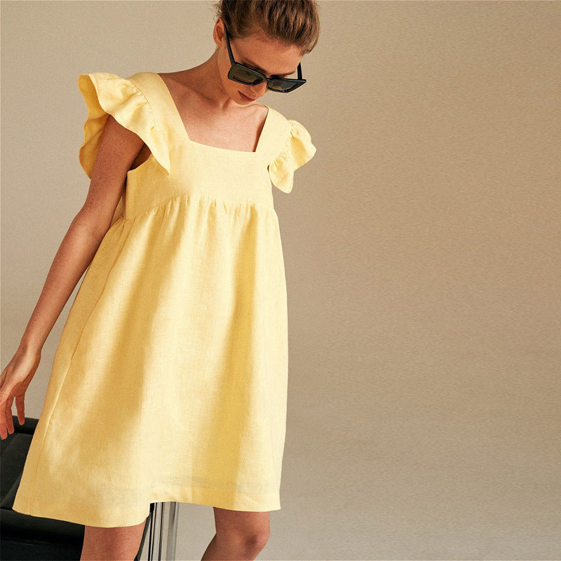 European and American foreign trade 2021 new solid color yellow medium and long skirt fashion commuter high waist lotus leaf flying flying sleeve dress