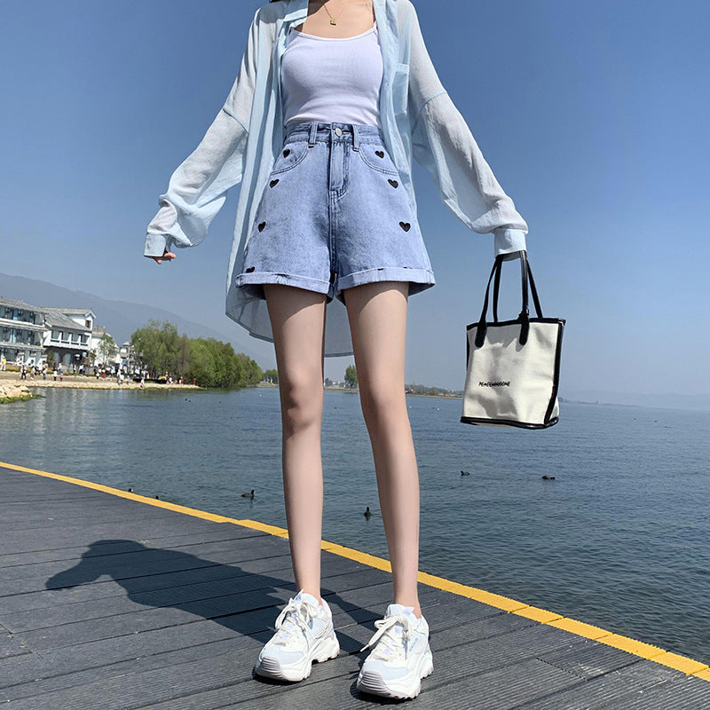 Love high waist slime denim short pants female light 2021 summer new Korean straight loose wide harsh hot pants tide