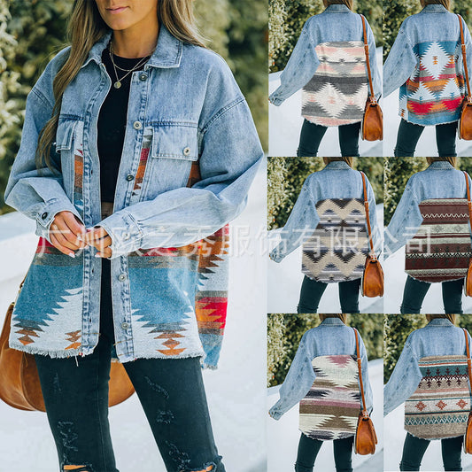 autumn and winter ins new AZTEC lapel pocket denim stitching woolen coat female retro jacket