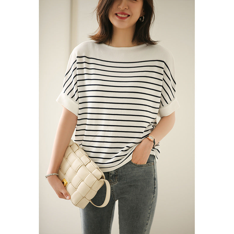 Xiuye striped tops women summer 2021 new Korean version of loose round lead bat sleeve ice silk sweater