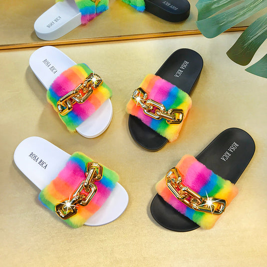 2021 Summer European and American new casual fashion rainbow fur chain flat bottom cool slippers female wearing slippers