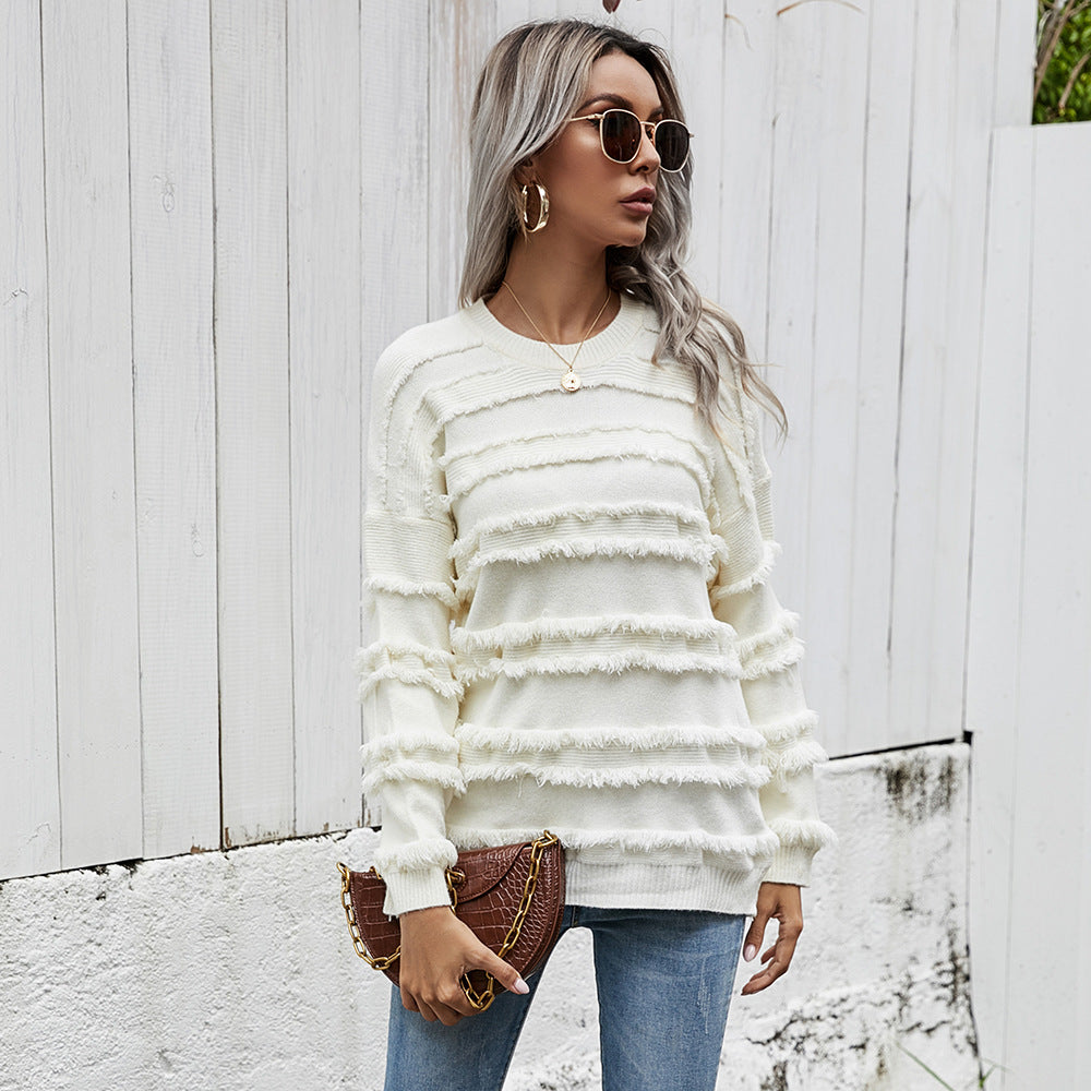 Cross-border source of 2021 autumn and winter leisure European and American pullover round neck loose tassel women's knit sweater