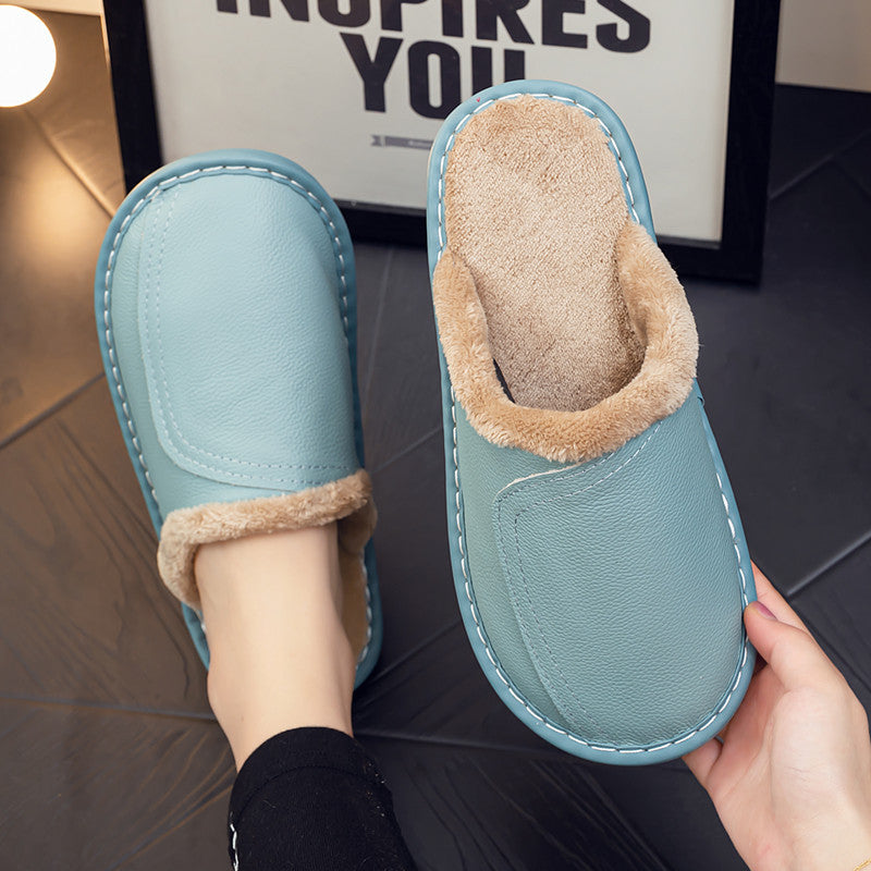 Winter home leather leather slippers female men couple indoor thickening plus velvet home warm slippers wholesale