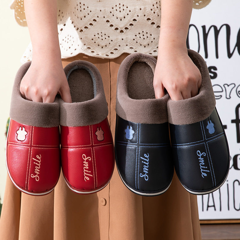 New pu leather waterproof cotton slippers female autumn and winter home large size couple plus velvet thick bottom warm cotton drag men wholesale