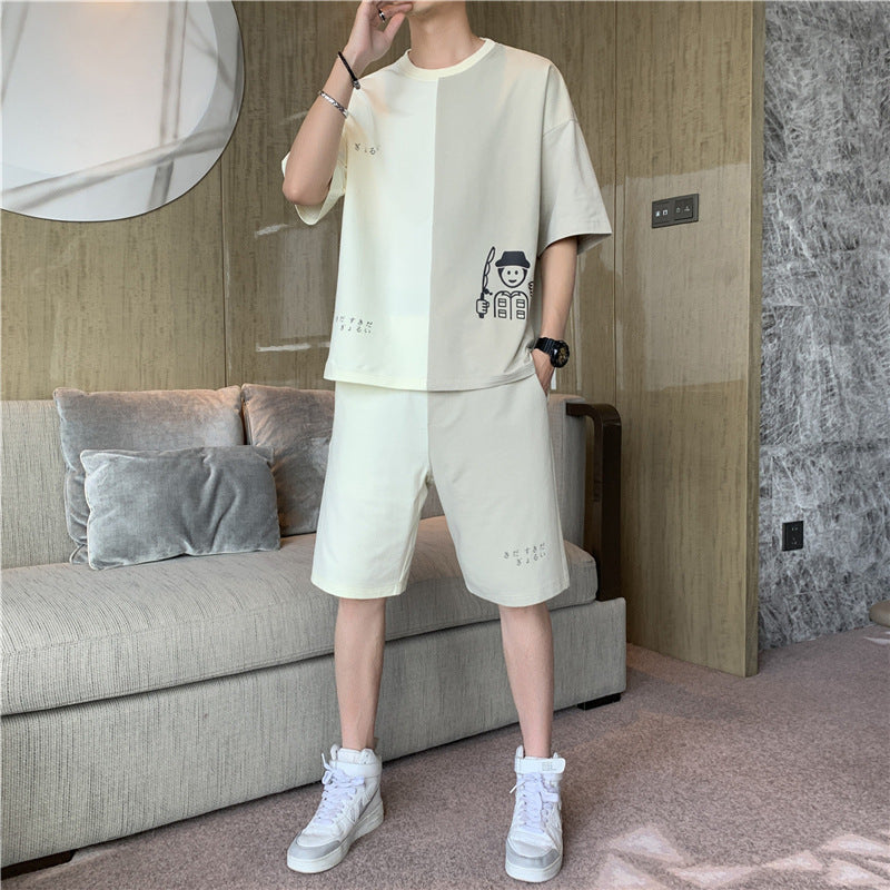 2021 men's summer short-sleeved men's daily sports teen Korean version of T-shirt shorts men's Korean casual set men