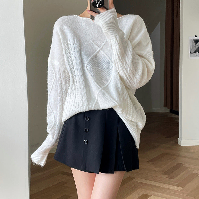 Hang Gumu 21 autumn and winter trendy horse sea long sleeve word collar clothing female Korean version of thin diamond sweater 21-85