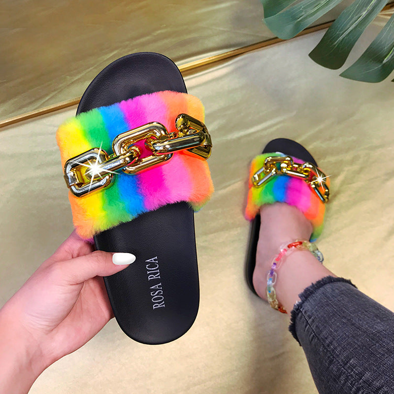 2021 Summer European and American new casual fashion rainbow fur chain flat bottom cool slippers female wearing slippers