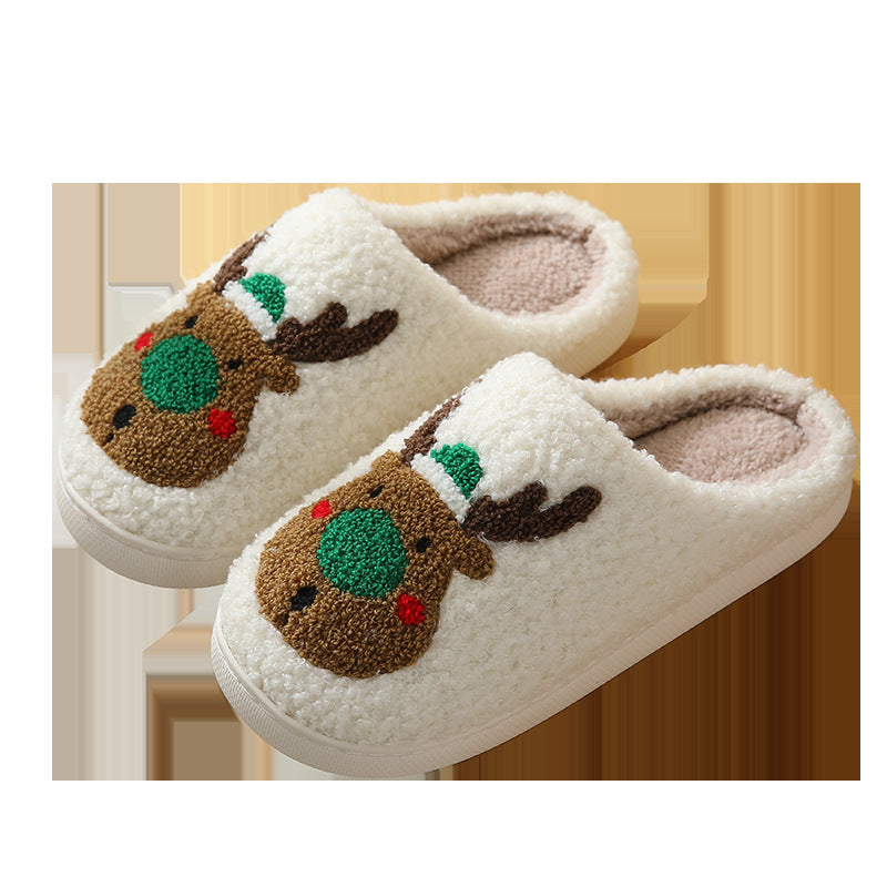 Christmas Reindeer Cotton Slippers for Couples - Cute Cartoon Design, Non-Slip, and Warm for Autumn and Winter