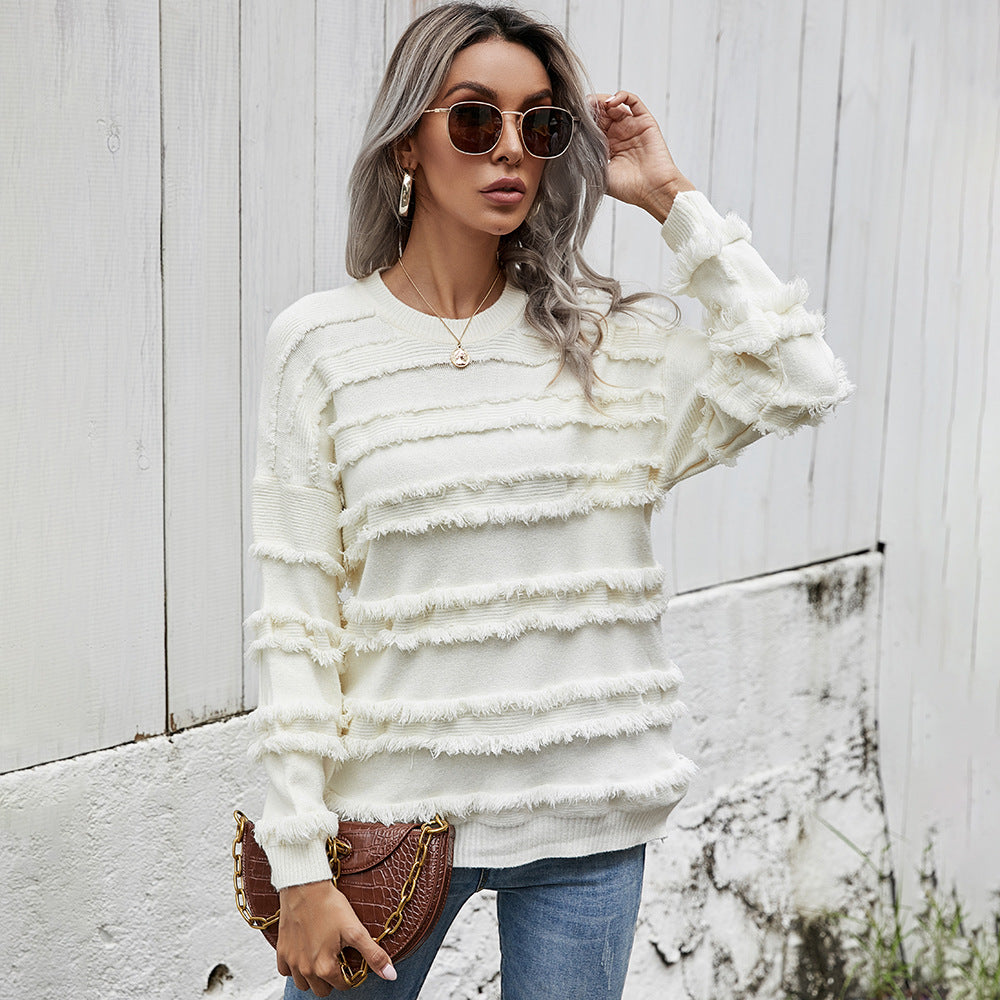 Cross-border source of 2021 autumn and winter leisure European and American pullover round neck loose tassel women's knit sweater