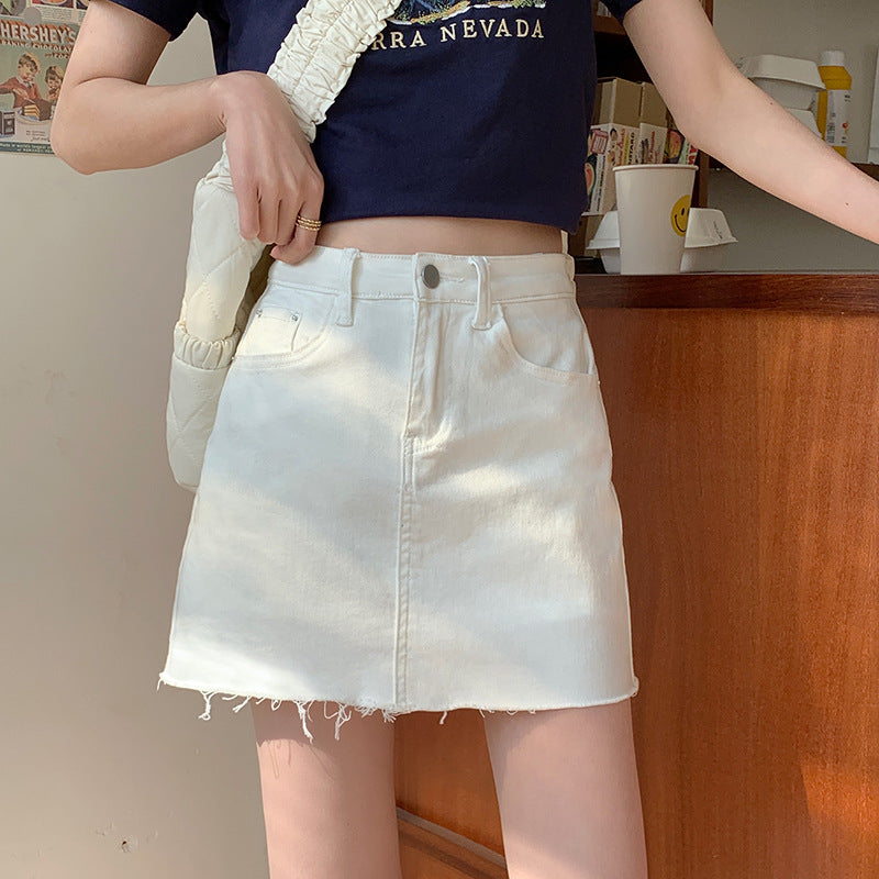 2021 summer new millennium hot girl wind elastic design of a small denim high backpack hip short skirt with lining