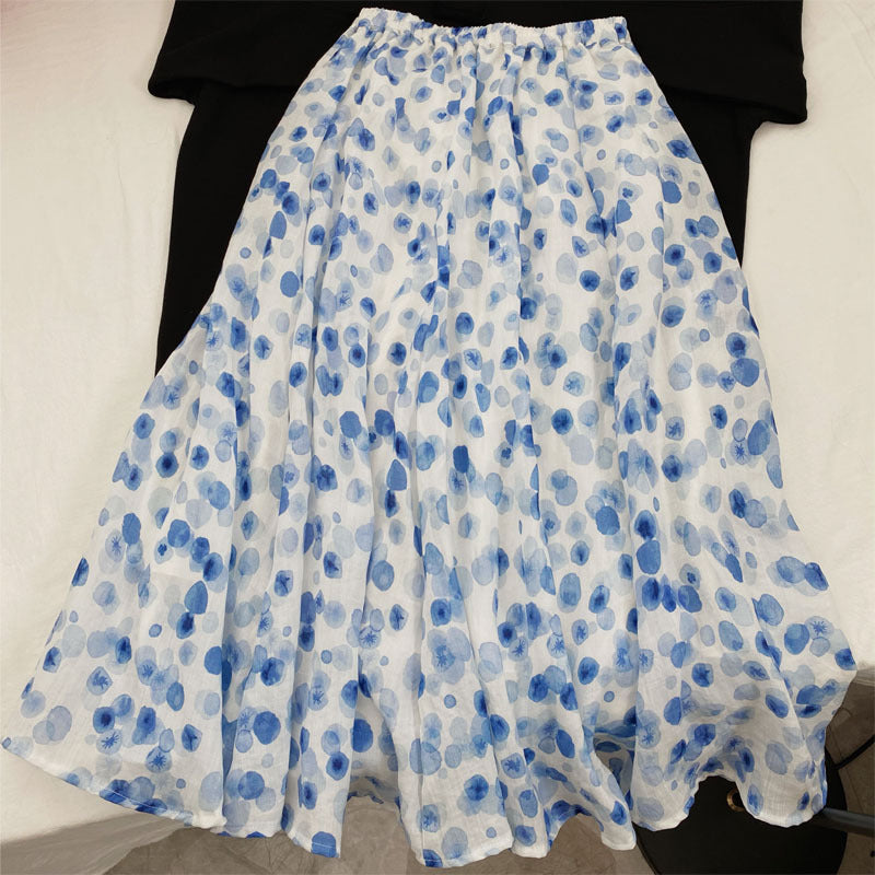 Watercolor ice blue halo printing bachelor A word long section skirt 2021 summer new skirt