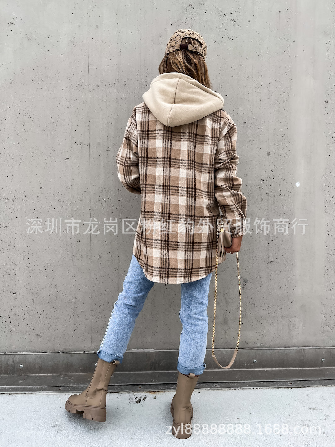 2023 Winter Women's Coat Fashion Hooded (Detachable) Woolen Plaid Coat