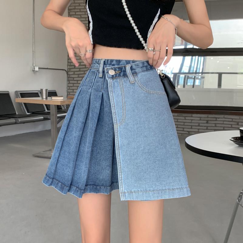 Hot girl denim half-length skirt female summer 21 new American retro pleated skirt design splicing high waist A word skirt