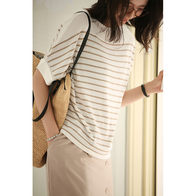 Xiuye striped tops women summer 2021 new Korean version of loose round lead bat sleeve ice silk sweater