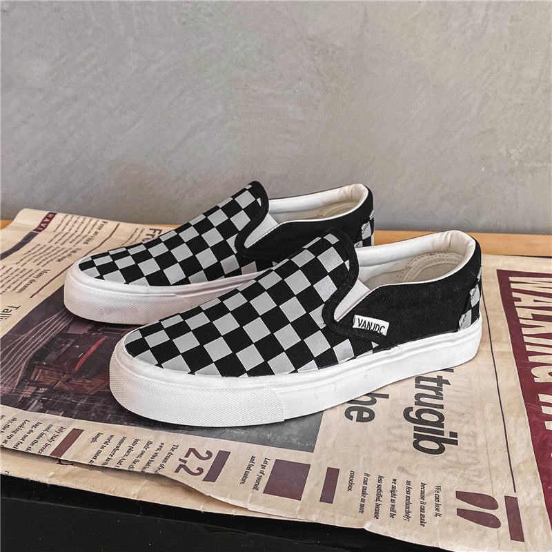 Luminous chessboard white plaid one pedal canvas shoes all-match loafers college chic male and female students cloth shoes tide