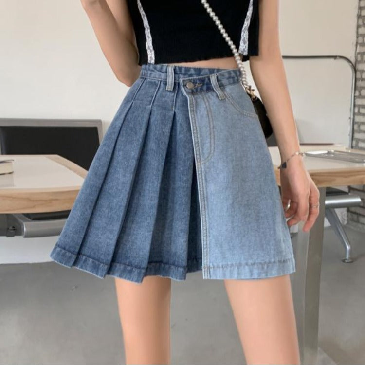 Hot girl denim half-length skirt female summer 21 new American retro pleated skirt design splicing high waist A word skirt