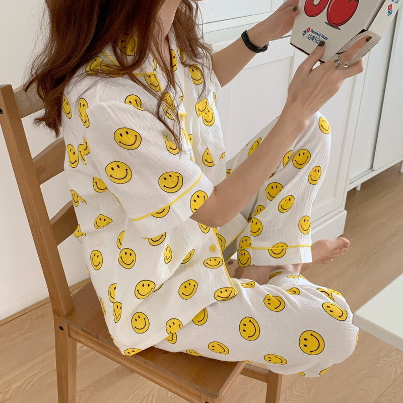 Spring and summer ins cartoon cute smiley cotton yarn pajamas female Korean version short-sleeved loose and comfortable home clothes suit thin