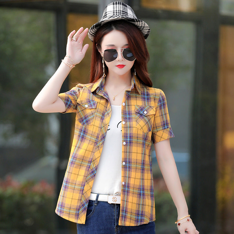 2021 summer new women's thin short-sleeved fashion slim slim trend women's plaid half sleeve shirt