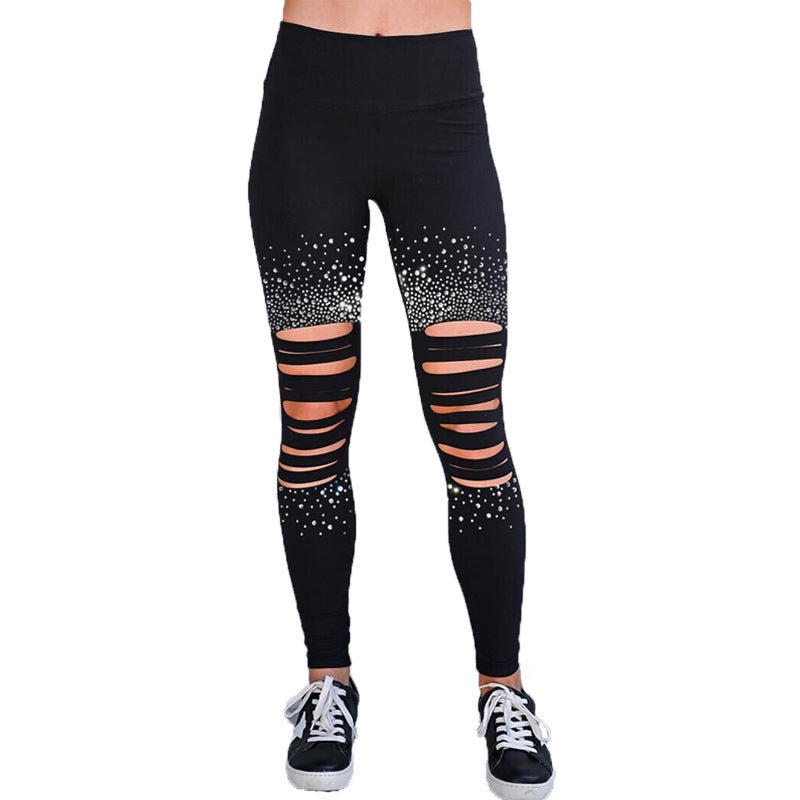 Spring and Autumn New Black Leggings Women's High Waist Hole Diamond Decoration Waist Casual Pants Women