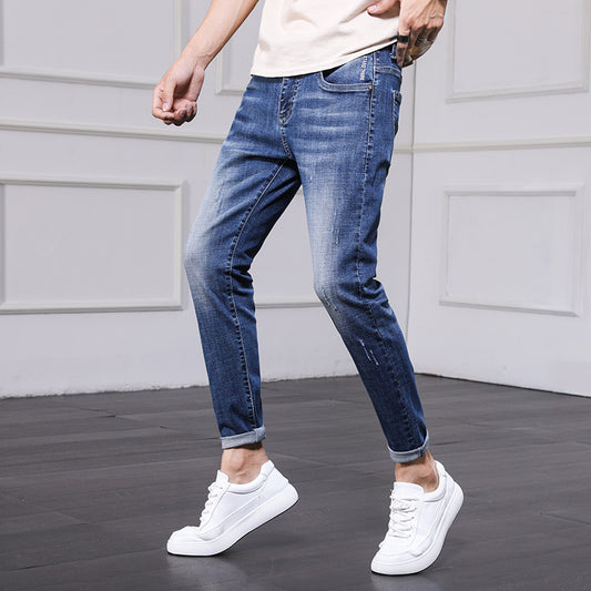 Jeans Men's Pants Men 2021 Spring and Autumn Korean version of the trend of the hole Slim nine pants bunch of feet pants men's foot pants