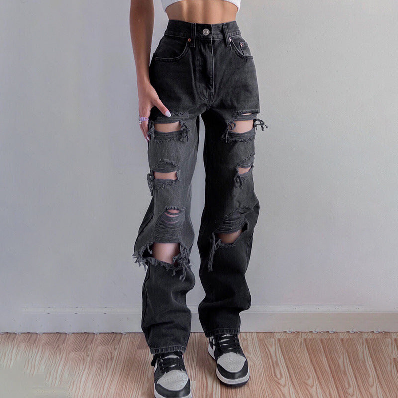 Cross-border street style women's clothing 2021 autumn and winter high waist ripped raw edge loose straight-leg pants washed black denim trousers