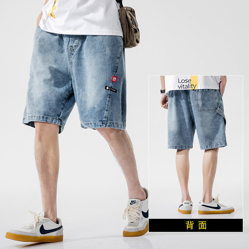 Denim shorts men's 2021 new trend summer thin straight loose large size wide legs five pants