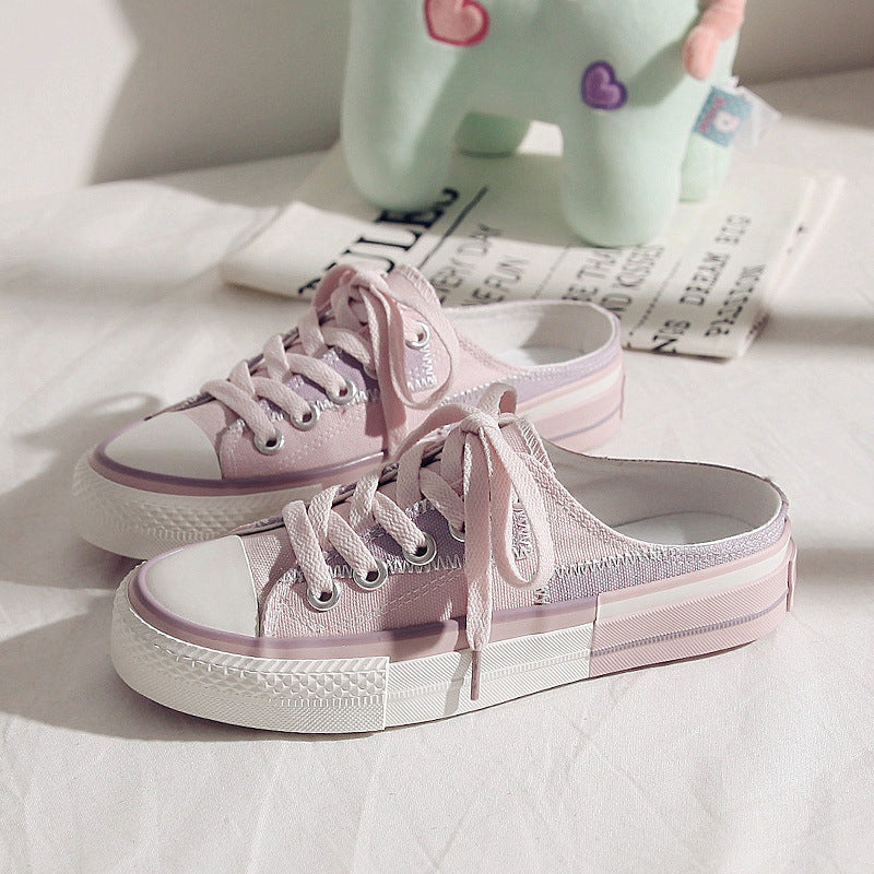 2021 summer new half-drag canvas shoes female Hong Kong taste comfortable lazy single shoes students Korean version of the women's shoes