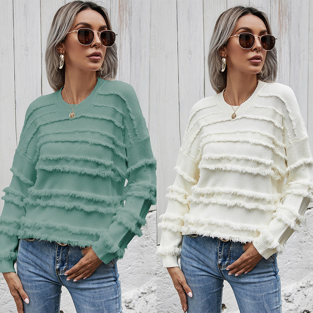 Cross-border source of 2021 autumn and winter leisure European and American pullover round neck loose tassel women's knit sweater