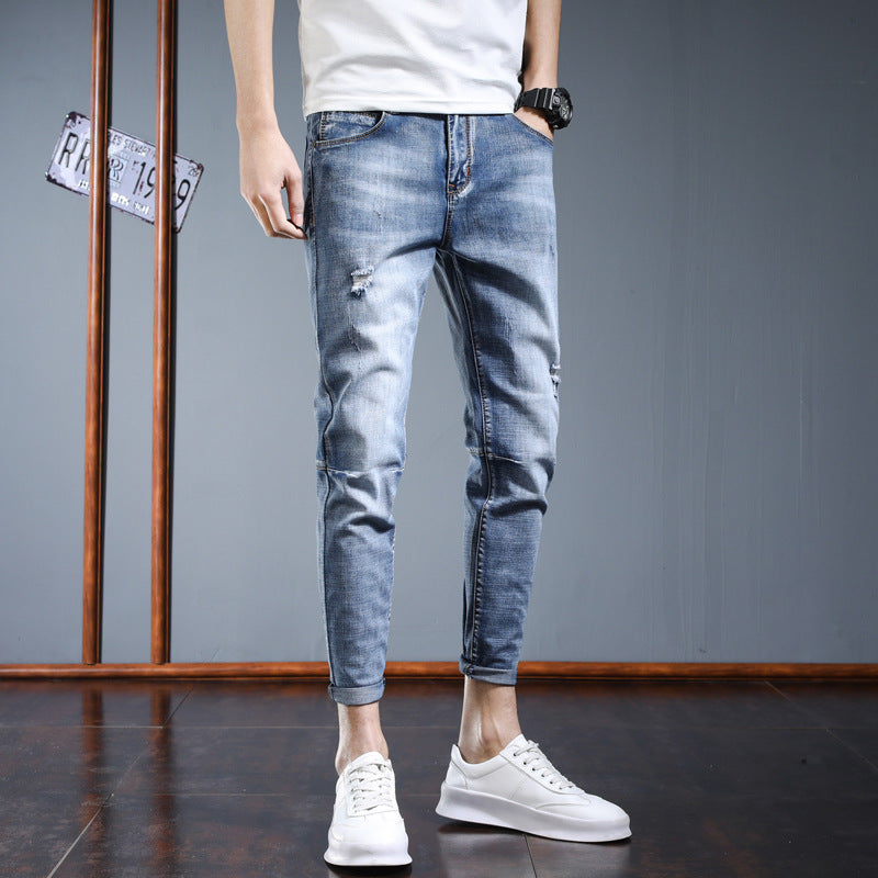 2021 autumn and winter new Korean version of the hip hop trend men's loose comfortable micro-elastic foot nine points denim pants