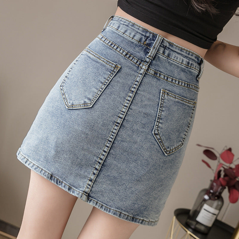 Cowboy half-length skirt female summer thin 2021 new high waist anti-lighting net red A word short pants skirt open bag hip skirt